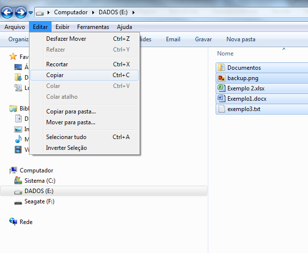 Selecionando e copiando as pastas/arquivos Para selecionar todas as pastas/documentos, utilize as combinações de teclas CTRL+A ou acesse a Barra de Menus, Editar/Selecionar Tudo.