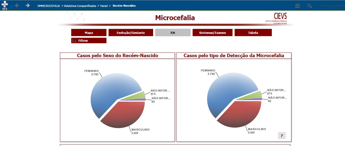 Figura 19 Painel Evolução/Gestante Ao clicar no ícone RN serão apresentados os gráficos: Casos pelo sexo dos Recémnascidos, Casos pelo tipo de detecção de Microcefalia do Recém-Nascido, Casos pelo