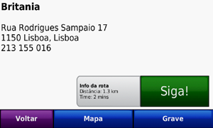 Modo automóvel: Para Onde? Opções da página Siga! ➊ ➋ ➌ ➍ ➊ ➌ Página Siga! ➋ ➍ Toque para ver um mapa curva a curva para esta posição. Toque para criar uma rota curva a curva até esta posição.