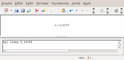 Passo 4: Clique no símbolo a b. O editor de equações agora exibe a marcação %pi<?> simeq <?>. Passo 5: Apague o texto <?> e inclua 3,14159 no final da equação. Terminamos a marcação %pi simeq 3,14159.