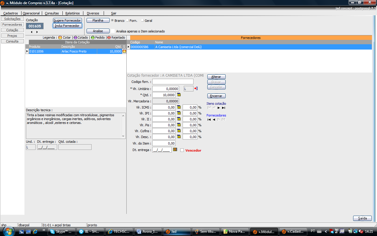 Ao clicar em Sugere Fornecedor e o produto configurado como o modelo acima, será visualizado no JAD, conforme tela abaixo: