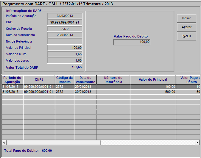 Ficha Pagamento com DARF CSLL/2372-01/1º Trimestre Período de Apuração 31/03/2013, Vencimento 30/04/2013 e Recolhimento: 06/05/2013