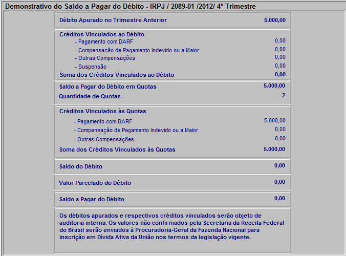 Ficha Pagamento com DARF IRPJ/2089-01/4º Trimestre 2ª Quota