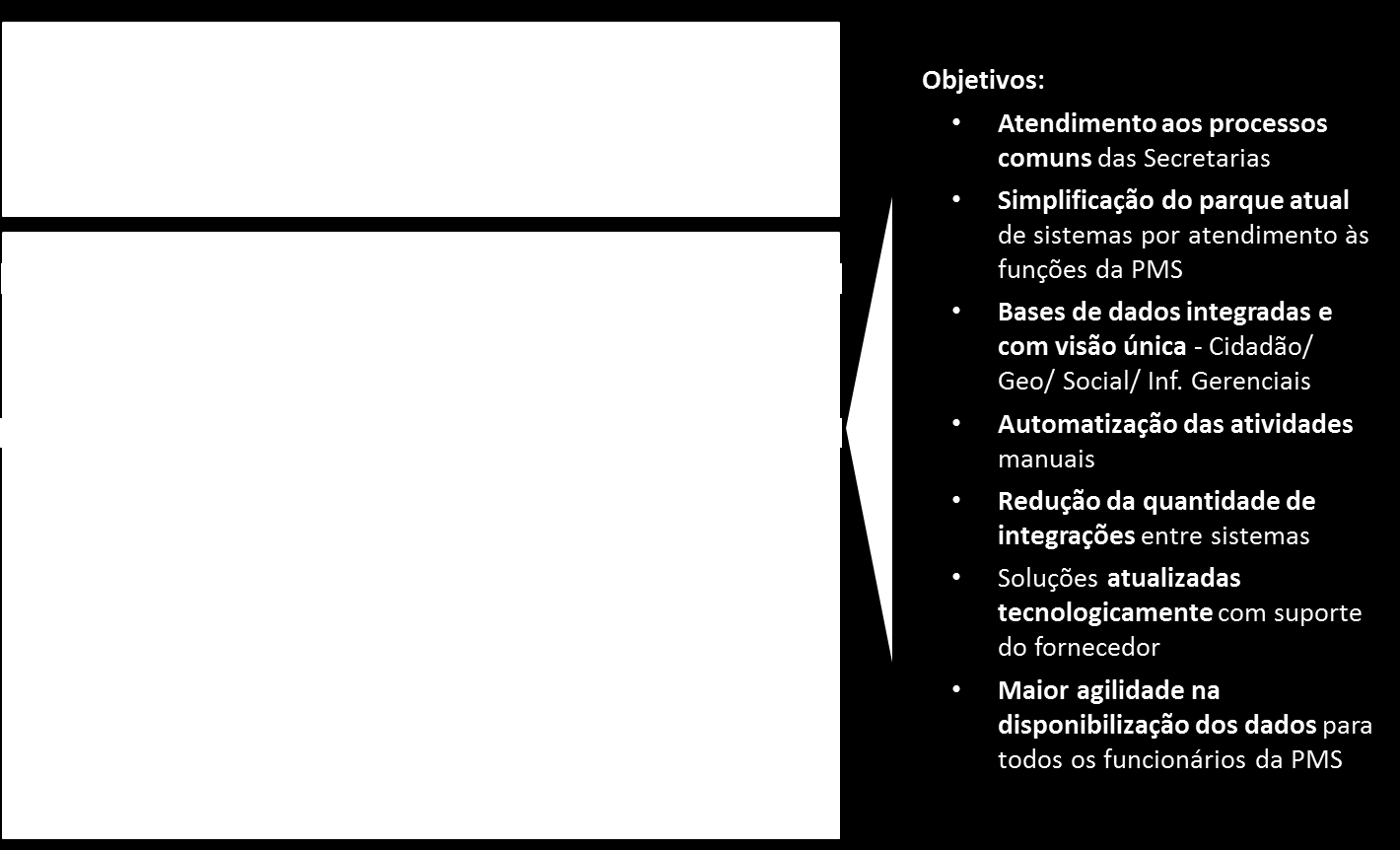 A Estrutura de Sistemas e Informações recomendada se divide em dois segmentos de sistemas: Soluções Comuns às Unidades da PMS fazem parte deste grupo as soluções utilizadas por todas as secretarias e