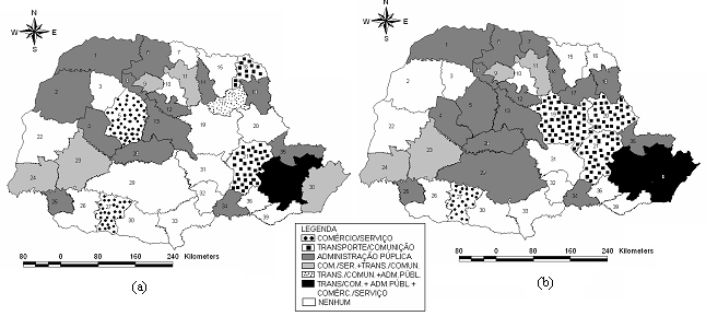 FIGURA 2: QL MAIOR QUE UM, INDICANDO AS ATIVIDADES VOLTADAS PARA A EXPORTAÇÃO NAS MICRORREGIÕES DO PARANÁ-1994 (A), 2003 (B).