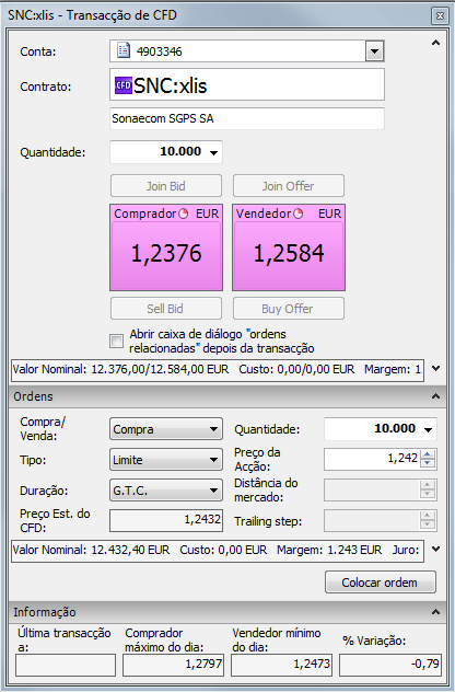 MENUS DA PLATAFORMA :: Negociação Para transaccionar CFDs tem de seleccionar o menu Menus de Negociação > Transacção de CFDs. No campo contrato irá definir o Instrumento CFD.