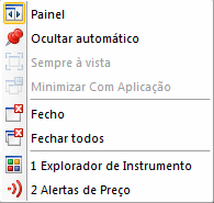 MENUS DA PLATAFORMA :: Negociação Painel: Colocar as janelas em forma de painel. Ocultar Automático: Colocar as janelas em forma de ocultar automático.