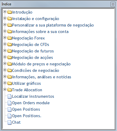 MENUS DA PLATAFORMA :: Negociação Ajuda: Aparecem todos os tópicos de ajuda. Conteúdos: Abre uma janela com as informações gerais da plataforma. Índice: Índice dos conteúdos de ajuda.