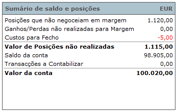 MENUS DA PLATAFORMA :: Conta A Sumário de saldo e posições 1. Posições que não negoceiam em margem (non-margin positions): Reflecte o valor de mercado das posições em acções na sua carteira. 2.