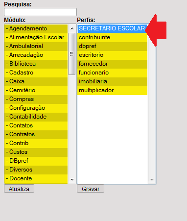 Após clicar em Selecionar, o sistema exibirá a