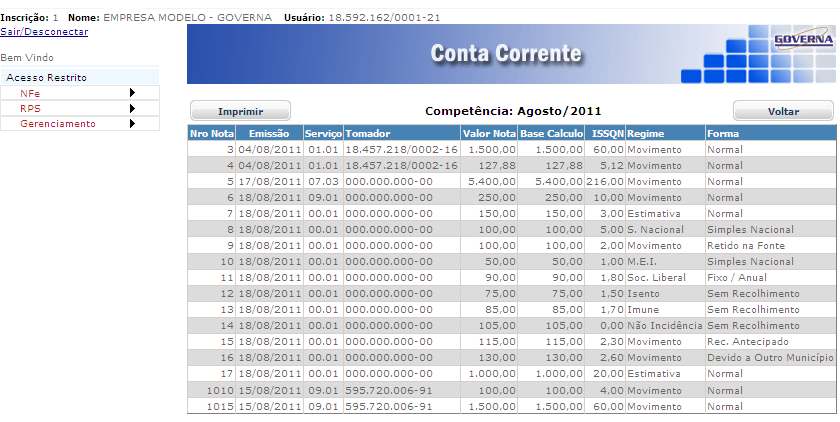 É possível imprimir ou visualizar a relação das Notas Emitidas por mês.