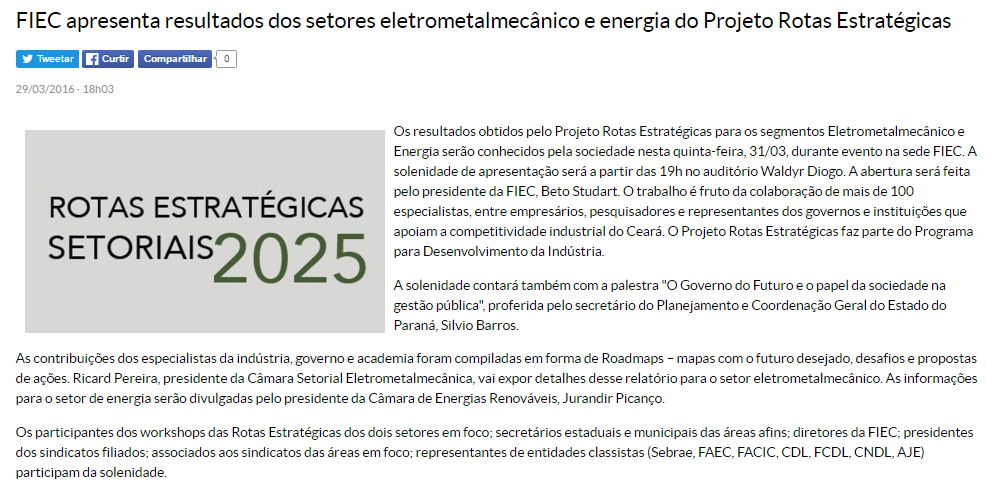 Resultados Rota Estratégica Energia, na FIEC em 29/03/16 Fonte : http://www1.sfiec.org.