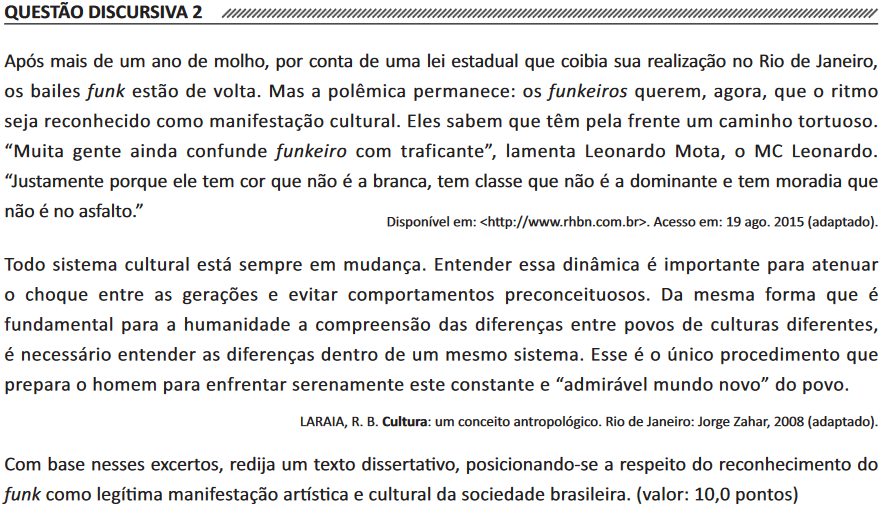 PADRÃO DE RESPOSTA O estudante deve elaborar um texto dissertativo que aborde os seguintes aspectos: 1) reconhecer o caráter dinâmico da cultura, trazendo elementos dos textos 1 e 2 (padrão de