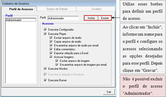 sistema. Quando um usuário for cadastrado, um perfil de acesso deverá ser associado a ele.