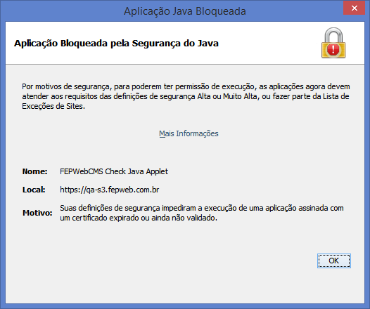 Para adicionar o site do FEPWeb na lista de exceção vá até o painel de controle do Java,
