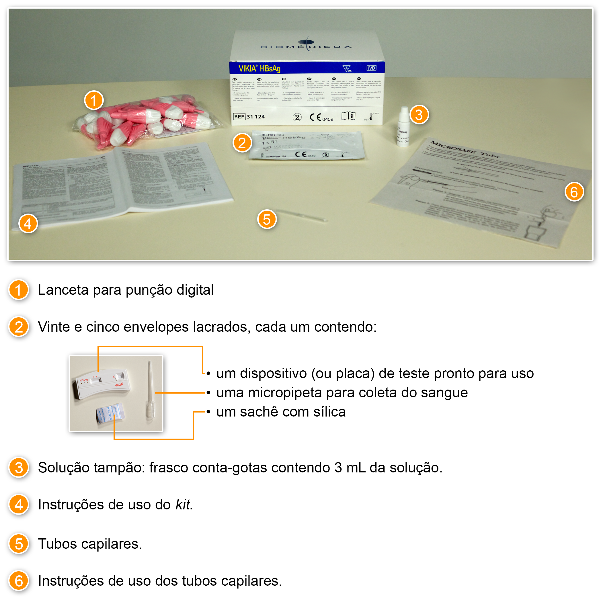 Composição do kit VIKIA HBsAg e materiais complementares Composição do kit VIKIA HBsAg O conjunto diagnóstico, apresentado na Figura 3, contém os elementos relacionados na sequência de 1 a 6.