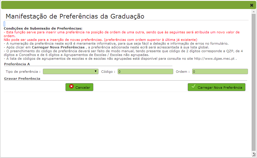 Imagem 27 Inserir preferência numa ordem específica Saliente-se que esta funcionalidade serve apenas para inserir preferências numa ordem anterior à da última já inserida.