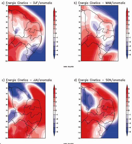 FARIA, B. L. e JUSTINO, F. B. A figura 7 ilustra a diferença do potencial eólico entre as projeções do futuro (2080-2100) e a simulação do presente (1980-2000) para as quatro estações do ano.