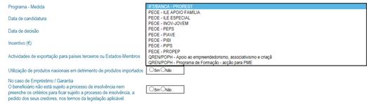 Com a migração dos dados para a nova aplicação, a qual ocorreu após maio de 2012, cada um dos NIF está associado a um só código CAE, o que significa que nas revogações dos apoios registados até maio