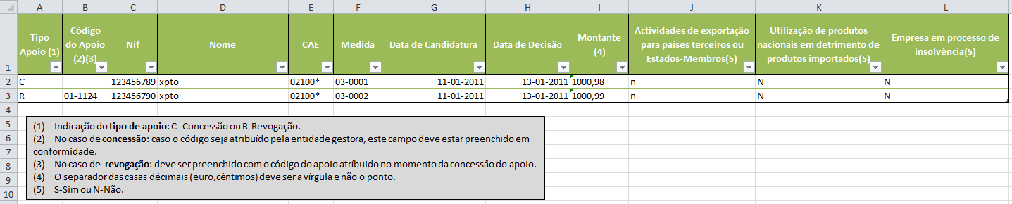 Fig. 28 Ficheiro template.xlsx - inserção via excel Para auxílio da entidade que comunica os apoios é igualmente disponibilizado um ficheiro-modelo. Fig.