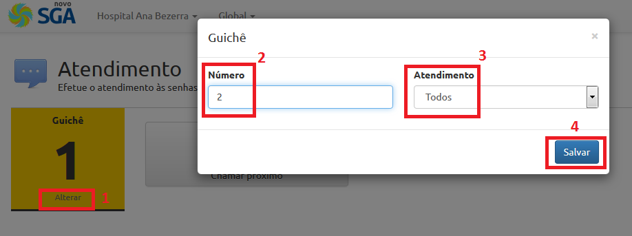 3.0 Chamando e atendendo pacientes Para realizar a chamada dos pacientes na televisão, é necessário acessar a função ATENDIMENTO (1). Figura 4. Função Atendimento. 3.1. Definindo o número do guichê de atendimento (caso necessário).