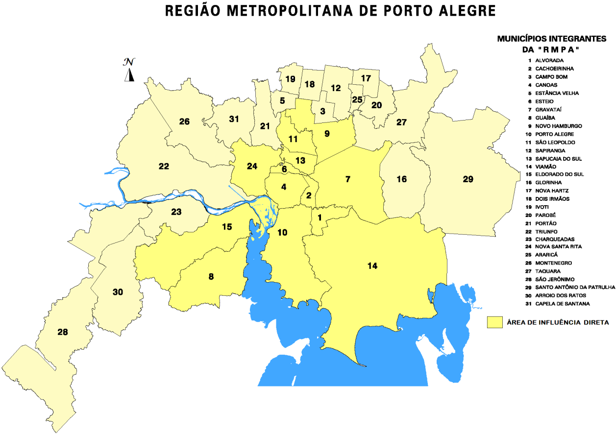 zona de influência indireta os demais municípios da RMPA. O mapa da figura 6 expressa os limites da área de influência direta do estudo, entre os 31 municípios que compõem a RMPA.