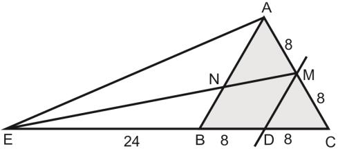 Na figura em evidência, ABC é um triângulo equilátero de 6cm de lado. Além disso, M é o ponto médio de AC e BE = cm.