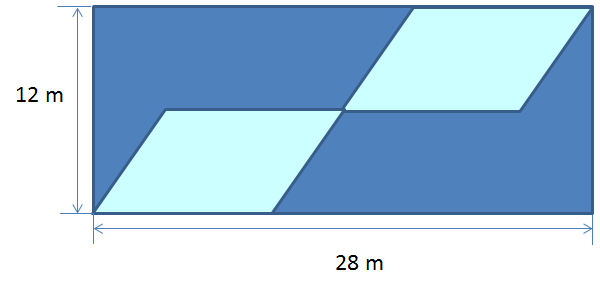 03. No fundo de uma piscina retangular foram colocados dois tipos de azulejos: Um de cor azul clara formando dois paralelogramos congruentes e o restante foi preenchido com azulejos de um azul mais