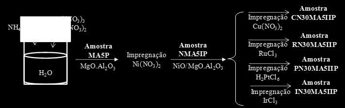 Capítulo 3.0 Procedimento experimental Figura 3.2. Esquema ilustrativo da preparação de catali sadores de níquel, alumínio e magnésio contendo metais dopantes (platina, rutênio, irídio e cobre). 3.3. Caracterização das amostras 3.