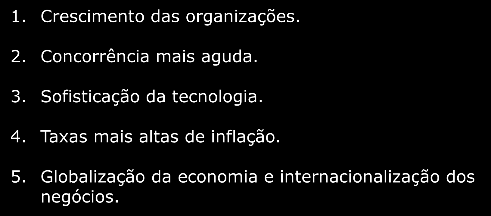 Os impactos futuros sobre as organizações 1. Crescimento das organizações. 2. Concorrência mais aguda. 3.