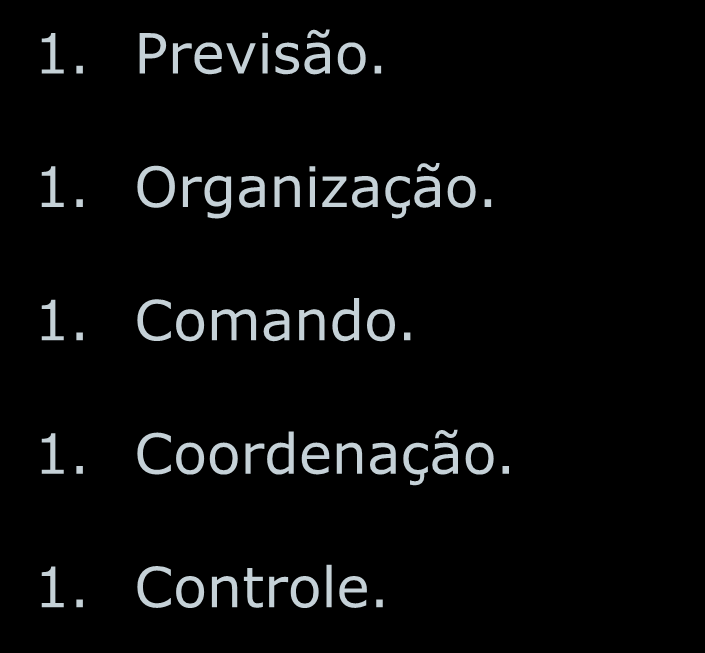 As Funções do Administrador segundo Fayol: 1. Previsão. 1. Organização.