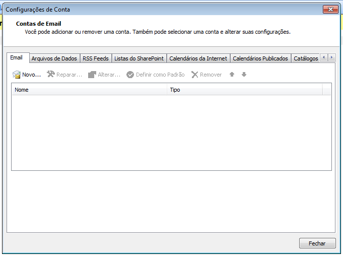 2. Configurando o Outlook. Caso não haja nenhum serviço de e-mail já configurado no seu cliente de e-mail Outlook, ele abrirá uma janela para ajudar na primeira configuração.