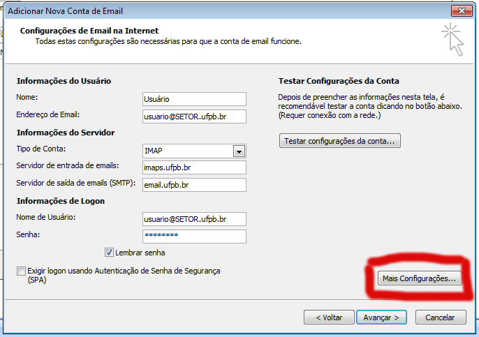 Após clicar na opção Novo na janela da Figura 06, o usuário será redirecionado para a Configuração Automática de Conta.