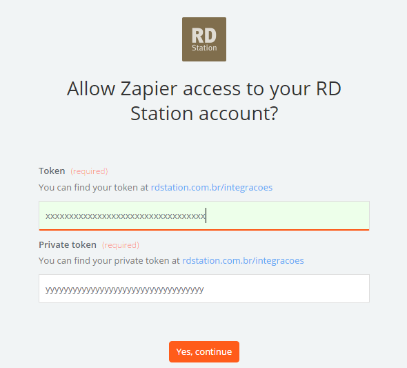 Forneça os tokens e autorize o acesso do Zapier à sua conta