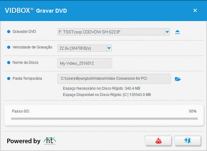 19. Video Conversion for PC b. Clique no botão [Salvar] para começar. 4. Clique em Gravar DVD para gravar o vídeo em formato DVD. a. Gravador de DVD: selecione seu gravador de DVD.