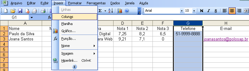 3 Aula 1 1.1 Organização de informações no Excel Organize em uma palinha do Excel as informações, abaixo relacionadas, sobre os alunos do curso de Informática (fictício) da Uergs de Cruz Alta.