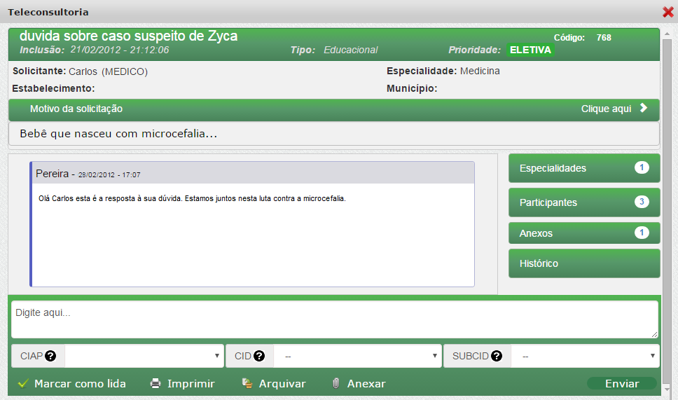 A teleconsultoria escolhida será apresentada na tela.