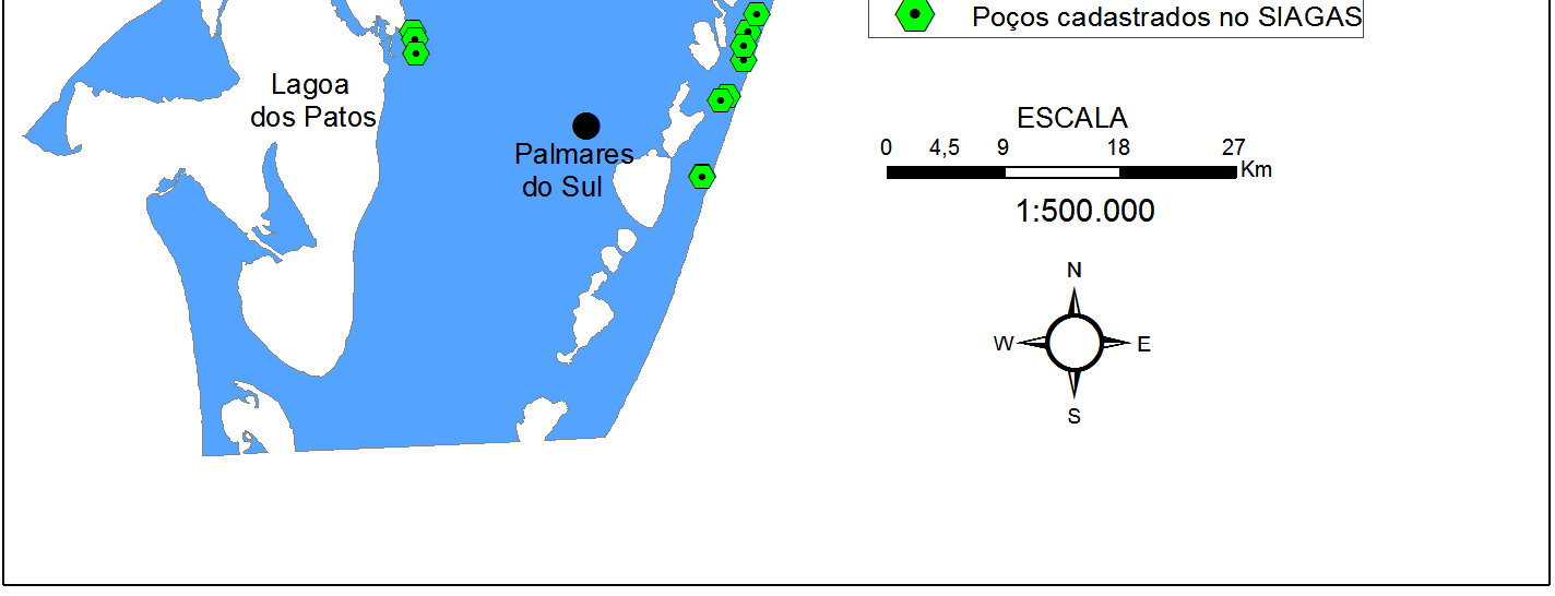 Figura 1: Distribuição do Sistema Aquífero Costeiro no Litoral Norte do RS e a localização dos poços estudados.