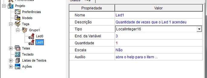 Programação Led1 : tipo LocalInteger16, endereço 3.