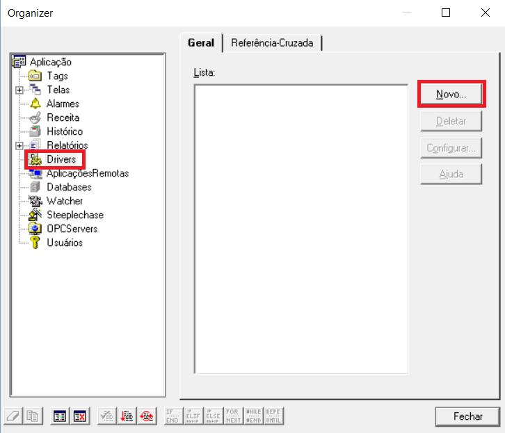 Clique no ícone Organizer, figura 8, na barra de ferramentas. Para configuração do Driver Modbus.