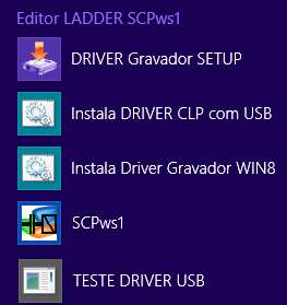 1 Instalação automática drivers USB Após o reinicio do sistema, e com o editor ladder SCPws1 instalado deve-se localizar e instalar o DRIVER Gravador SETUP que estará no menu completo do Windows 8
