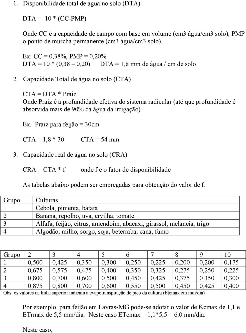 Capacidade Total de água no solo (CTA) CTA = DTA * Praiz Onde Praiz é a profundidade efetiva do sistema radicular (até que profundidade é absorvida mais de 90% da água da irrigação) Ex.