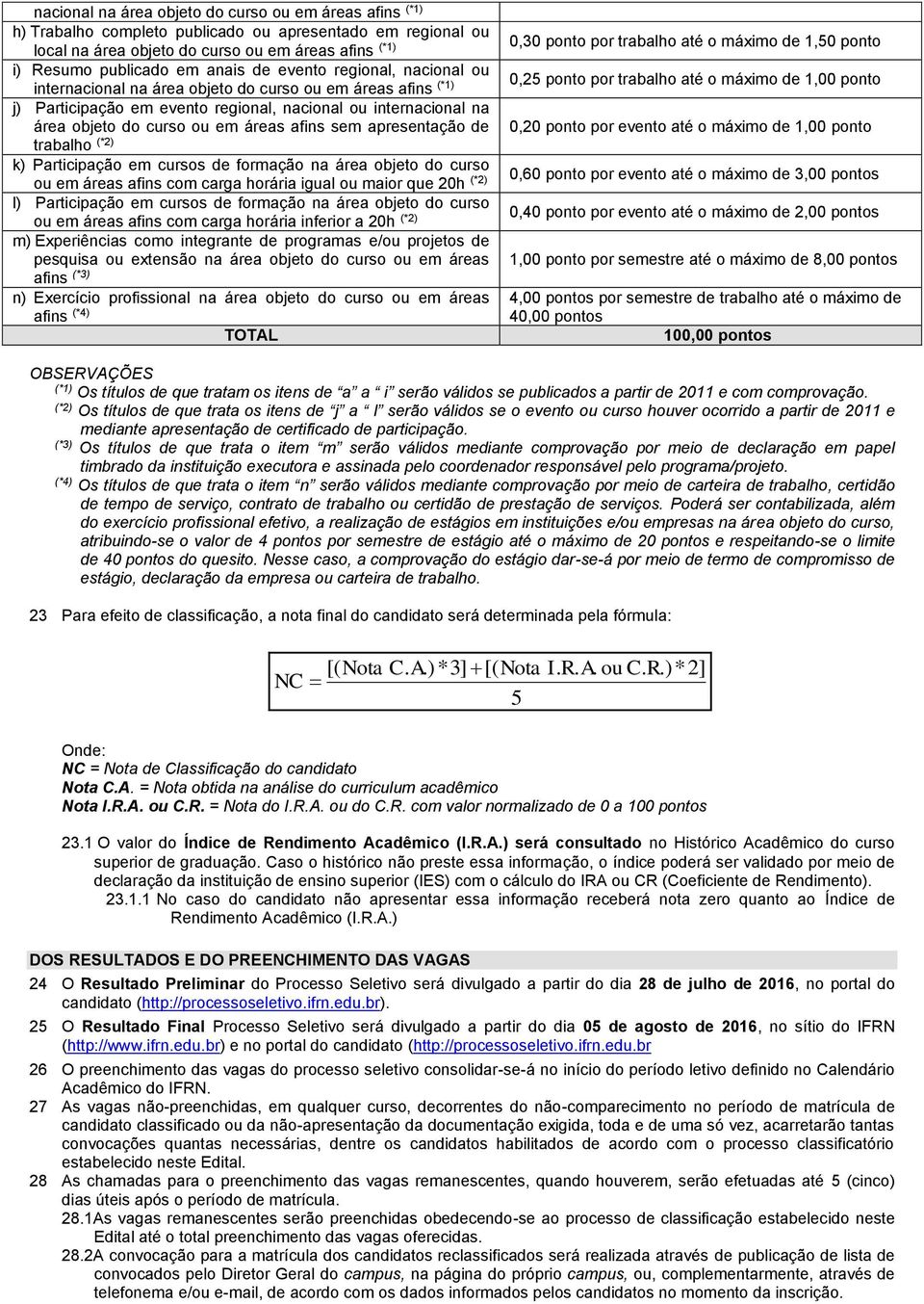 sem apresentação de trabalho (*2) k) Participação em cursos de formação na área objeto do curso ou em áreas afins com carga horária igual ou maior que 20h (*2) l) Participação em cursos de formação