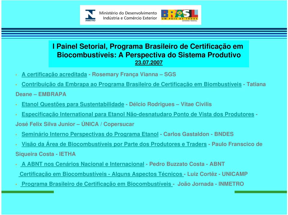 Programa Etanol - Carlos Gastaldon - BNDES Visão da Área de Biocombustíveis por Parte dos Produtores e Traders - Paulo Franscico de Siqueira Costa - IETHA I Painel Setorial, Programa Brasileiro de