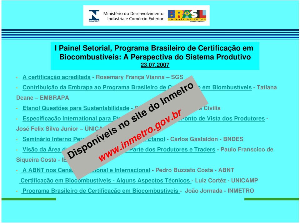 Programa Etanol - Carlos Gastaldon - BNDES Visão da Área de Biocombustíveis por Parte dos Produtores e Traders - Paulo Franscico de Siqueira Costa - IETHA I Painel Setorial, Programa Brasileiro de