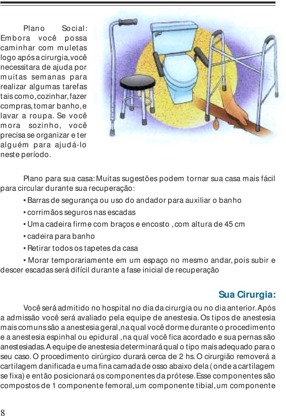 Plano para sua casa: Muitas sugestões podem tornar sua casa mais fácil para circular durante sua recuperação: Barras de segurança ou uso do andador para auxiliar o banho corrimãos seguros nas escadas