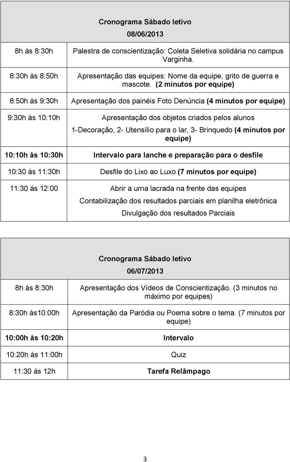 (2 minutos por equipe) 8:50h às 9:30h Apresentação dos painéis Foto Denúncia (4 minutos por equipe) 9:30h às 10:10h Apresentação dos objetos criados pelos alunos 1-Decoração, 2- Utensílio para o lar,