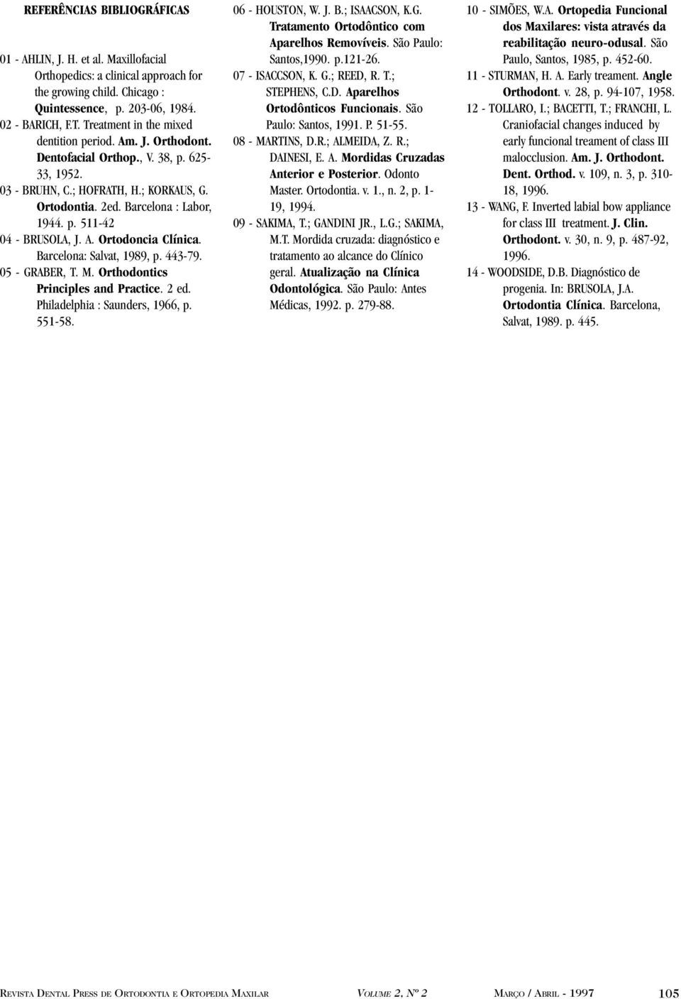 A. Ortodoncia Clínica. Barcelona: Salvat, 1989, p. 443-79. 05 - GRABER, T. M. Orthodontics Principles and Practice. 2 ed. Philadelphia : Saunders, 1966, p. 551-58. 06 - HOUSTON, W. J. B.; ISAACSON, K.