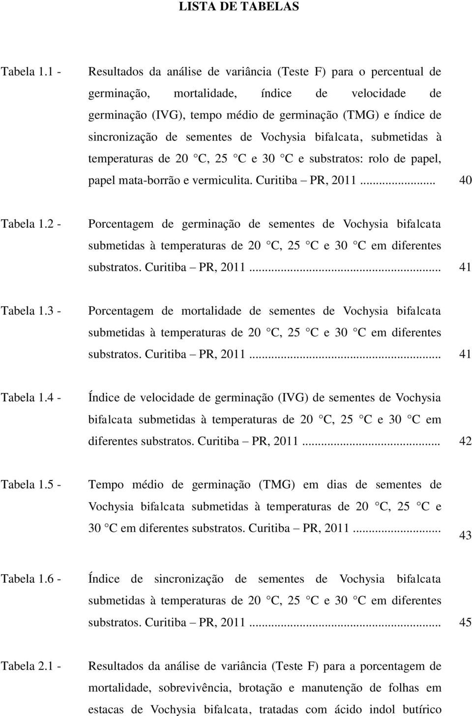 sementes de Vochysia bifalcata, submetidas à temperaturas de 20 C, 25 C e 30 C e substratos: rolo de papel, papel mata-borrão e vermiculita. Curitiba PR, 2011... 40 Tabela 1.