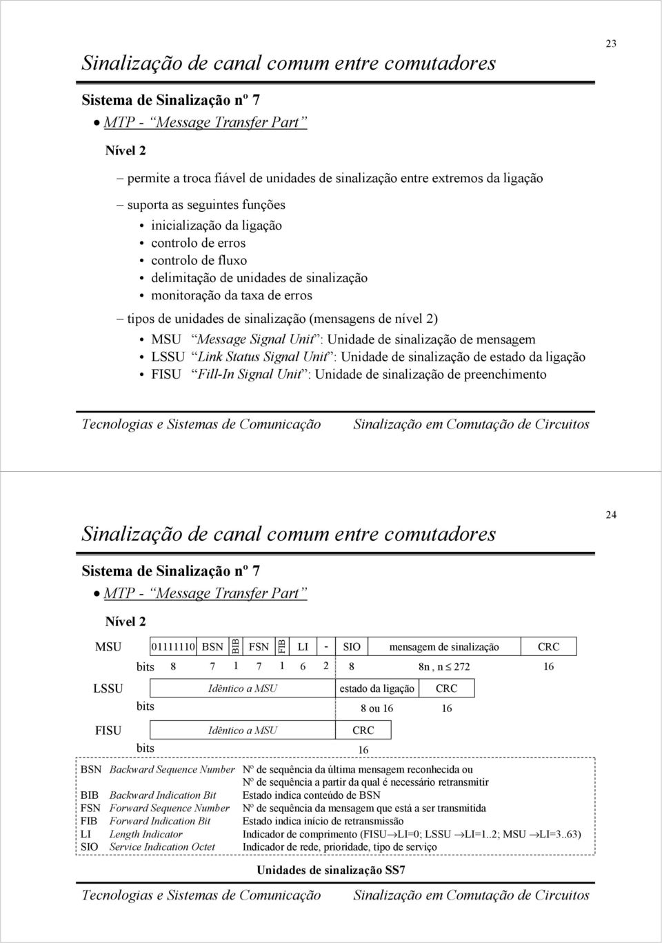 Signal Unit : Unidade de sinalização de mensagem LSSU Link Status Signal Unit : Unidade de sinalização de estado da ligação FISU Fill-In Signal Unit : Unidade de sinalização de preenchimento